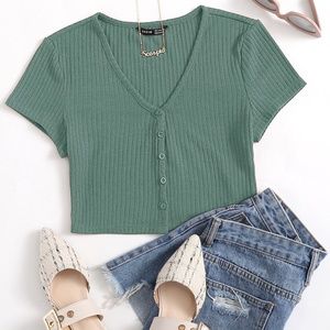 SHEIN V-neck Button Placket Crop Tee